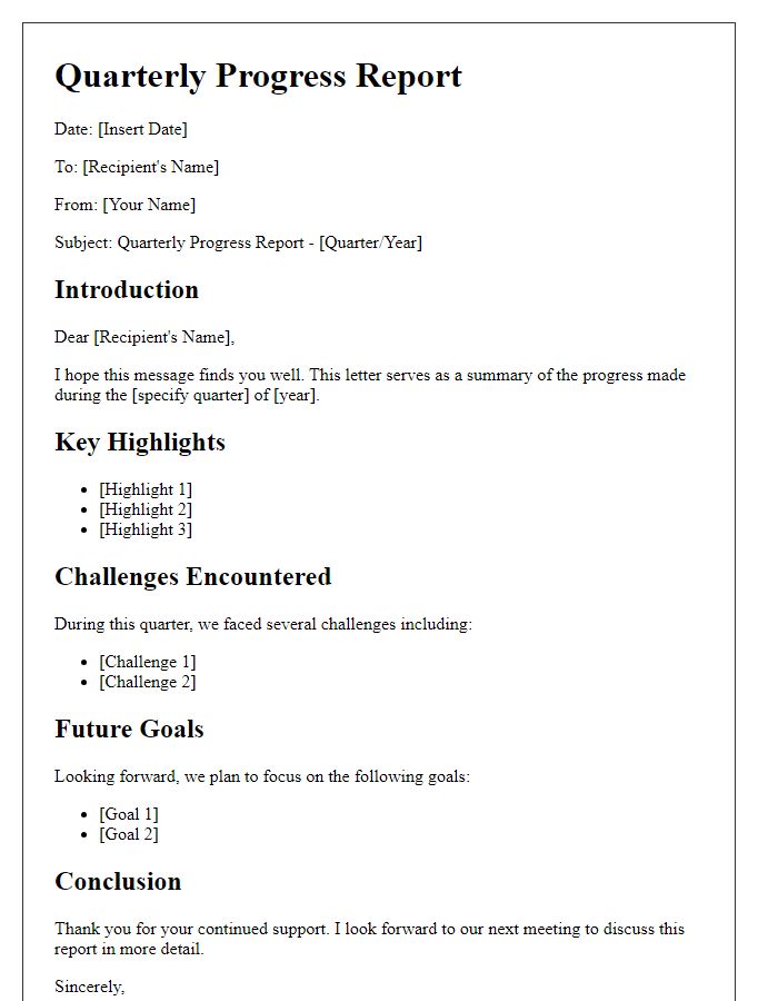 Letter template of quarterly progress report message