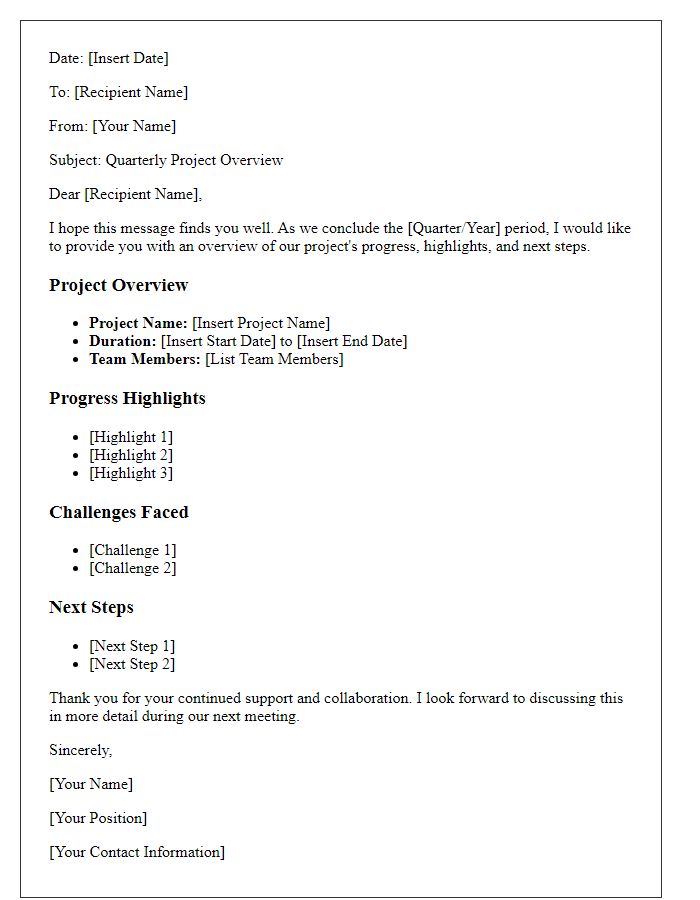 Letter template of quarterly project overview letter