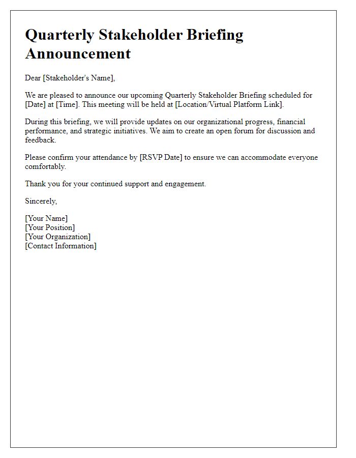 Letter template of quarterly stakeholder briefing announcement