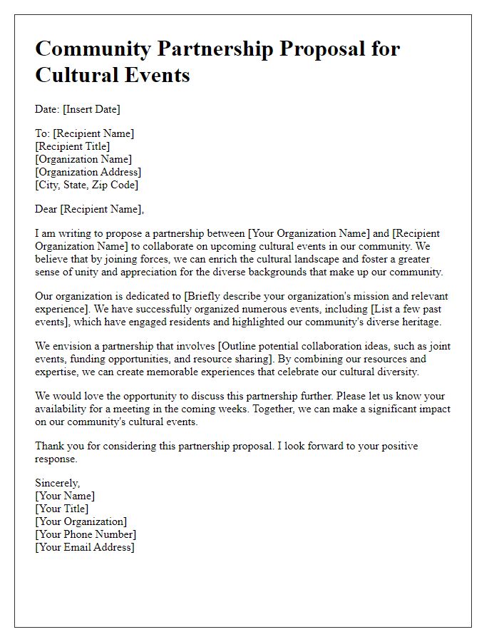 Letter template of community partnership proposal for cultural events