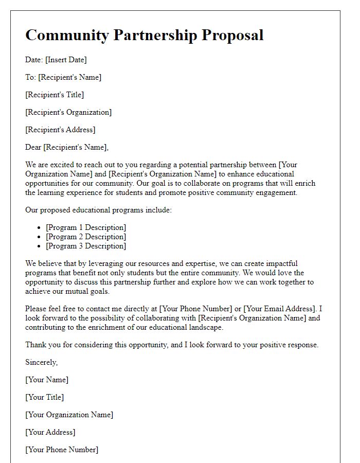 Letter template of community partnership proposal for educational programs