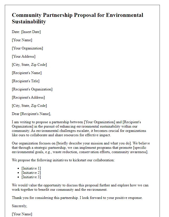 Letter template of community partnership proposal for environmental sustainability