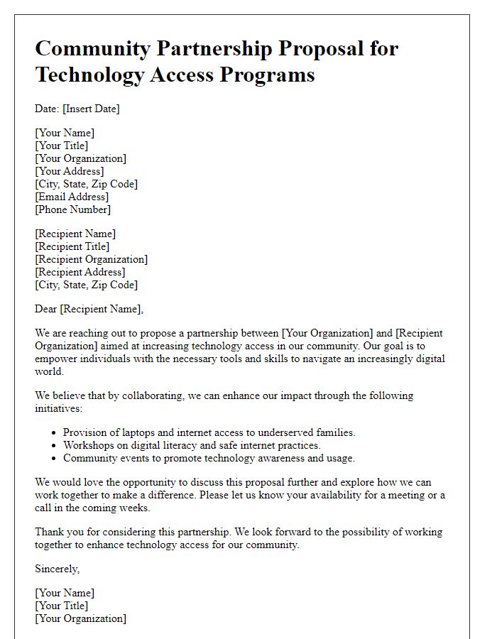 Letter template of community partnership proposal for technology access programs