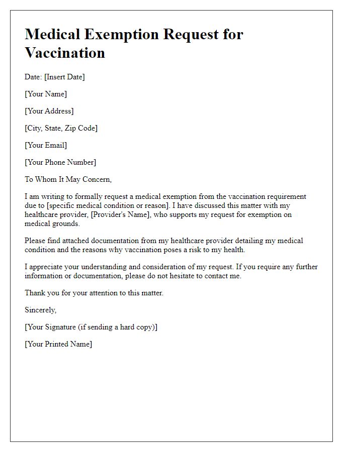 Letter template of medical exemption request for vaccination.