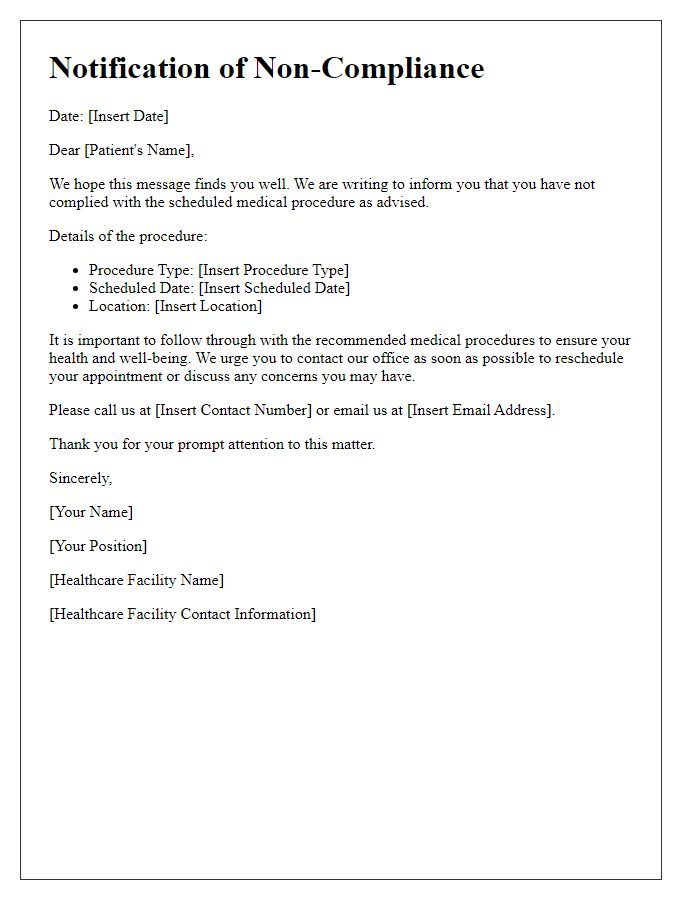 Letter template of notification for medical procedure non-compliance.