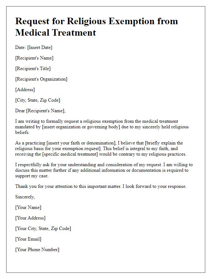 Letter template of request for religious exemption from medical treatments.