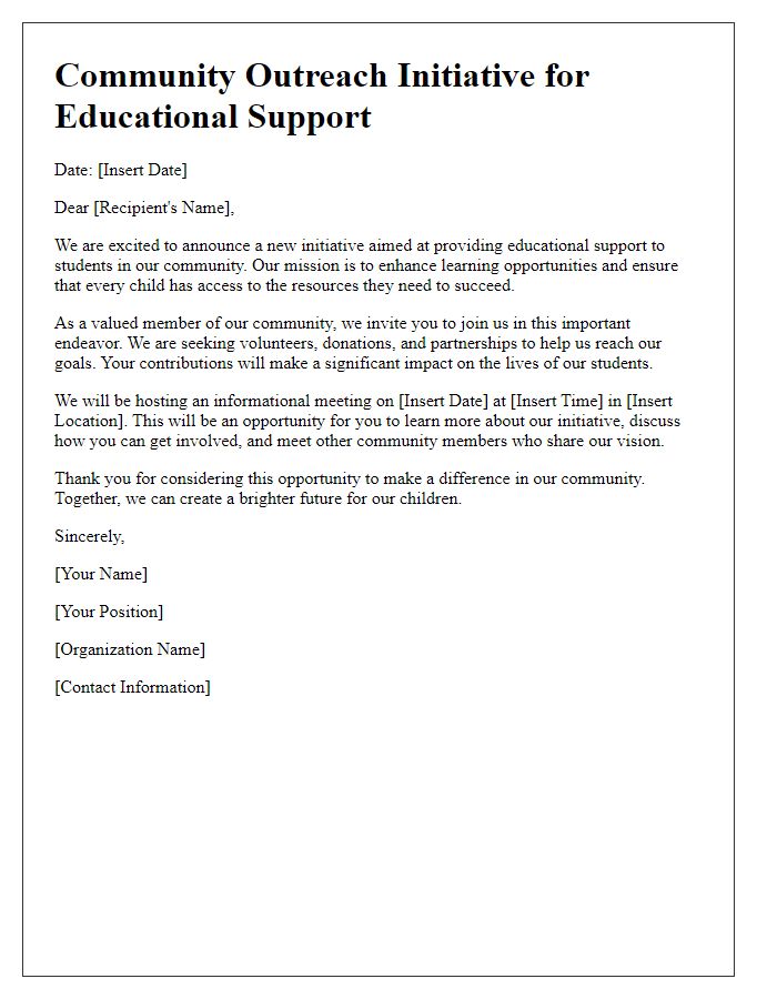 Letter template of a community outreach initiative for educational support