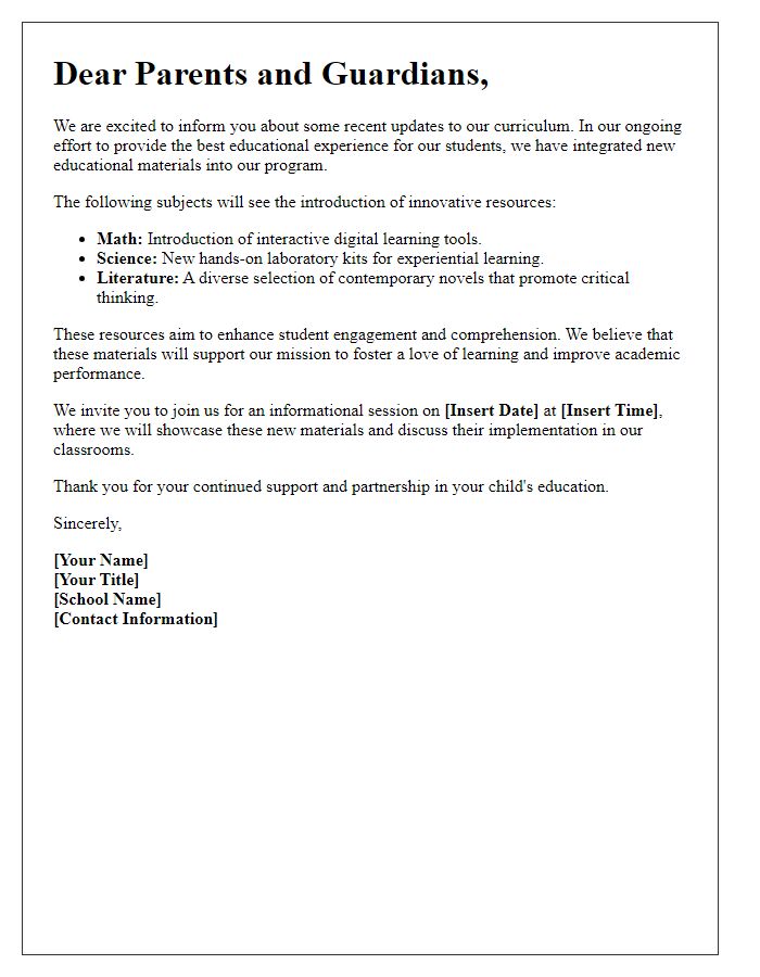 Letter template of a curriculum update introducing new educational materials