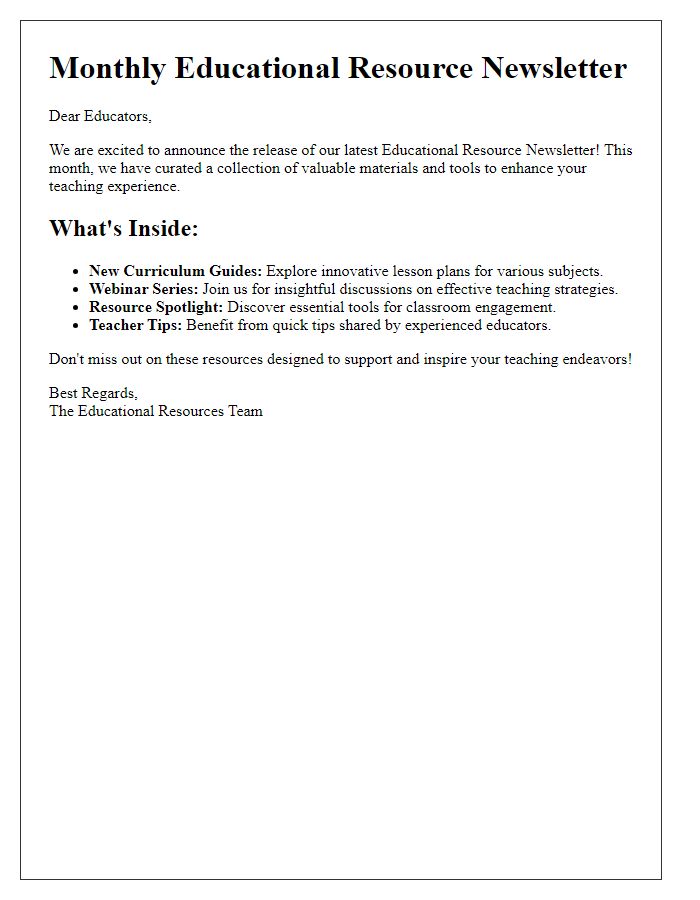 Letter template of an educational resource newsletter announcement