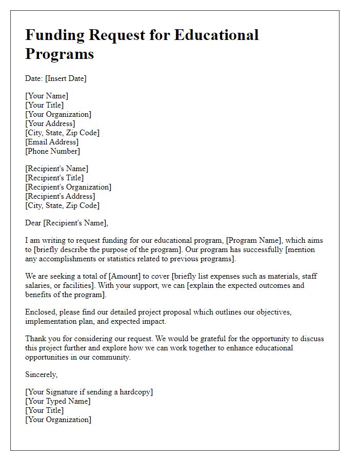 Letter template of a funding request for educational programs