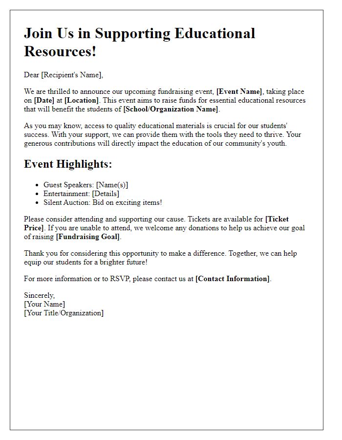 Letter template of a fundraising event promoting educational resources