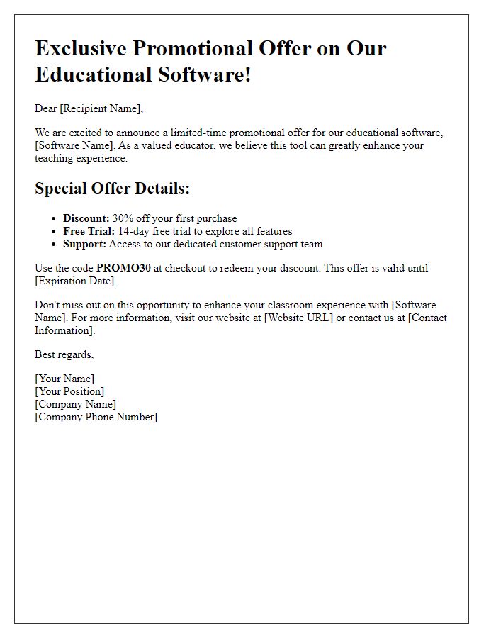 Letter template of a promotional offer for educational software