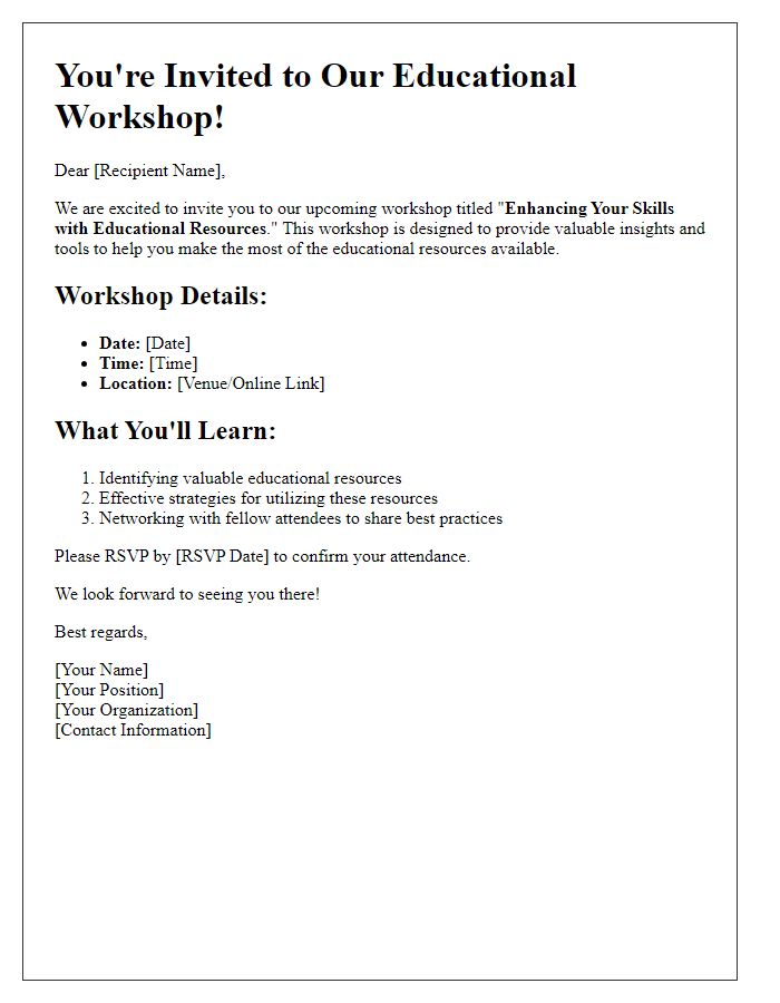 Letter template of a workshop invitation featuring educational resources