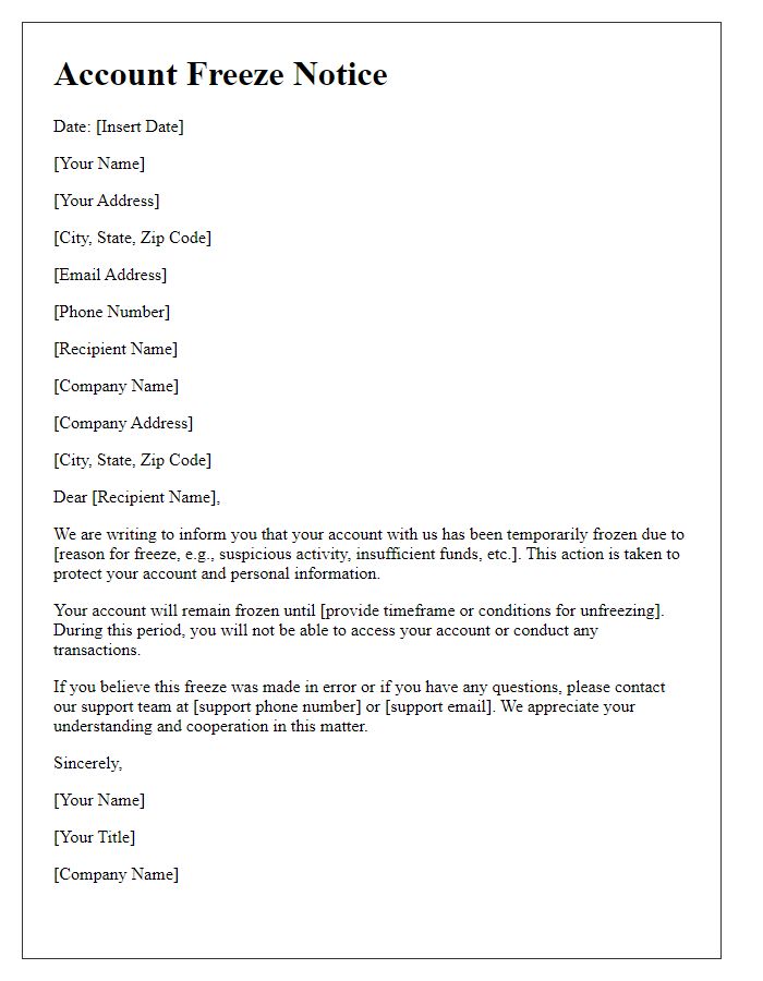 Letter template of account freeze notice