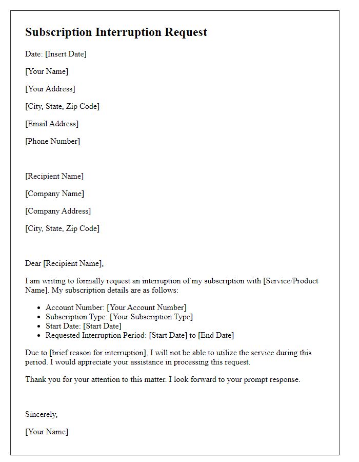 Letter template of subscription interruption request