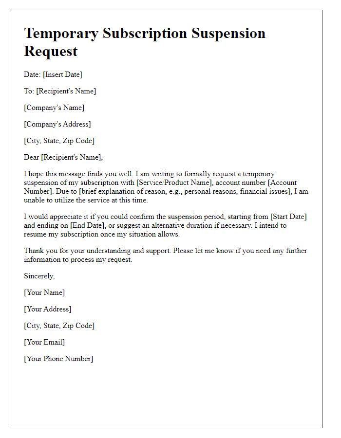 Letter template of temporary subscription suspension
