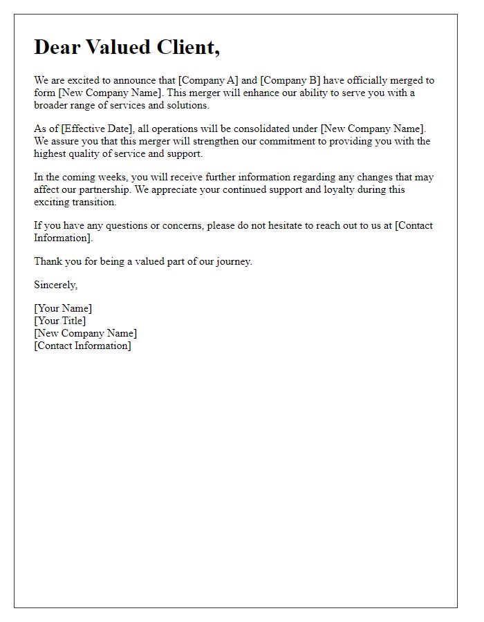 Letter template of corporate merger announcement to clients