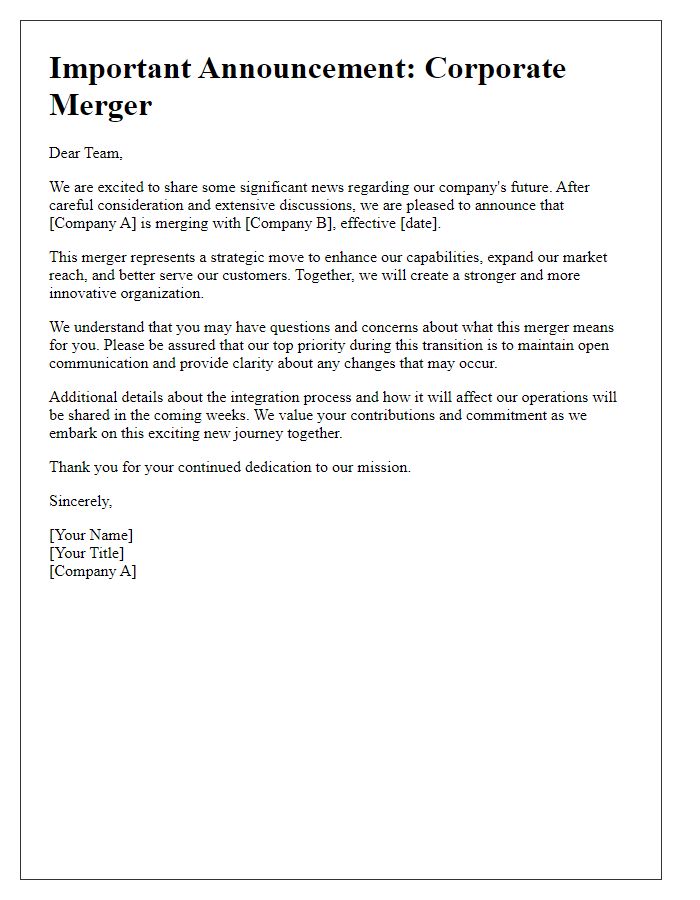 Letter template of corporate merger announcement to employees