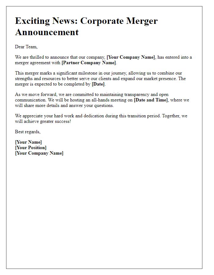 Letter template of corporate merger announcement for internal newsletter