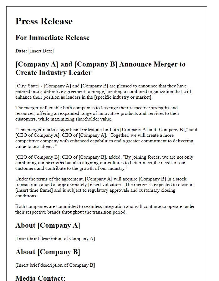 Letter template of corporate merger announcement for press release