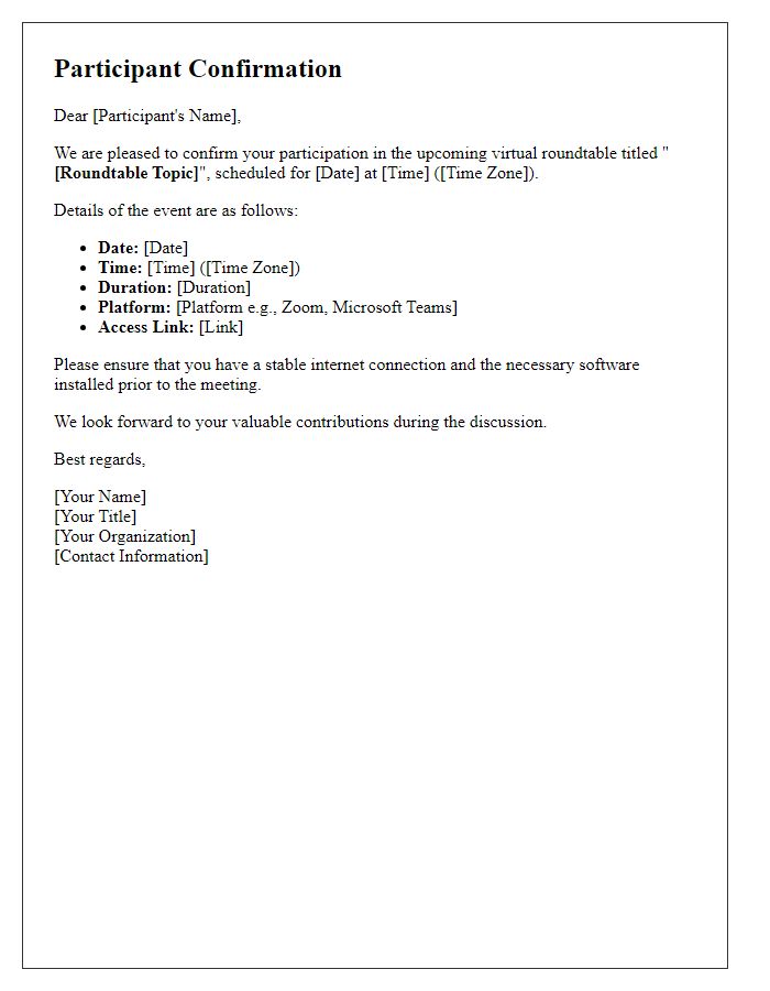 Letter template of participant confirmation for a virtual roundtable