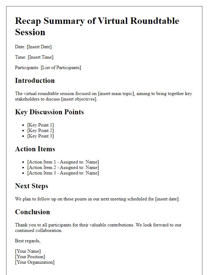 Letter template of recap summary for a virtual roundtable session