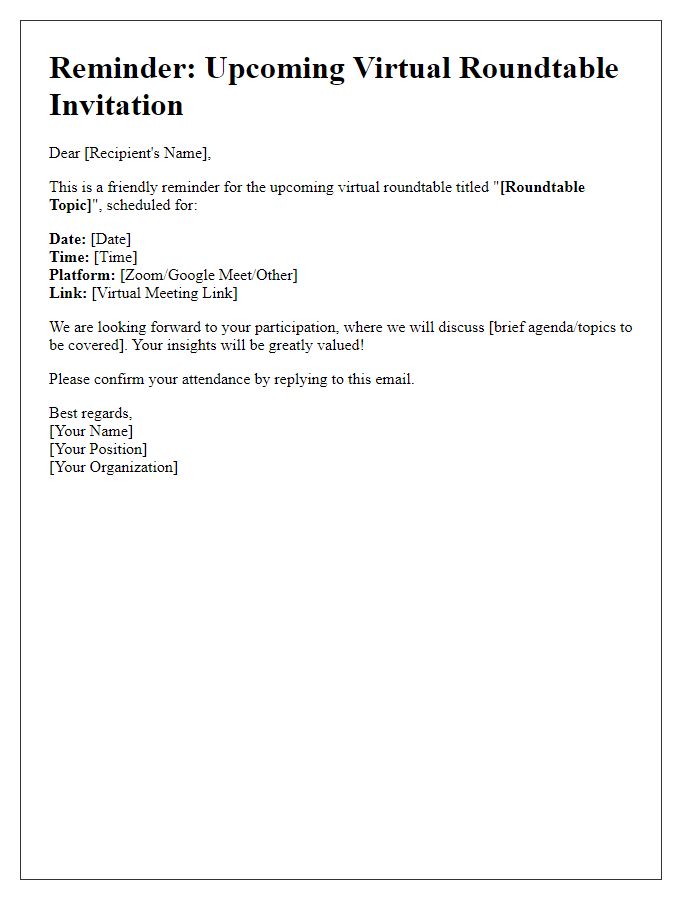 Letter template of reminders for upcoming virtual roundtable