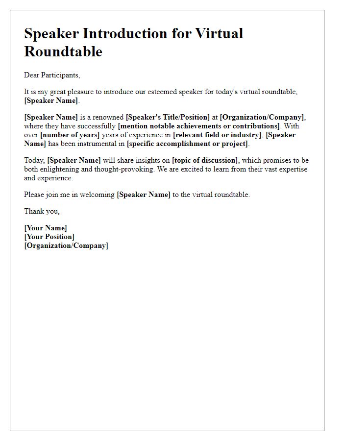 Letter template of speaker introduction for a virtual roundtable