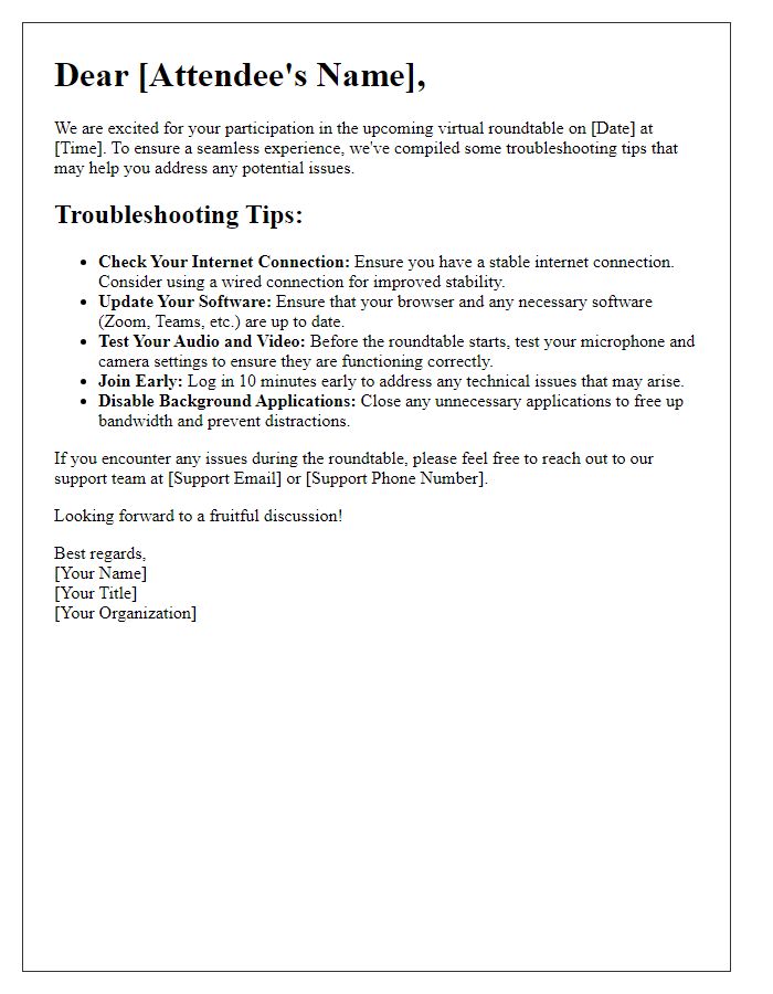 Letter template of troubleshooting tips for virtual roundtable attendees