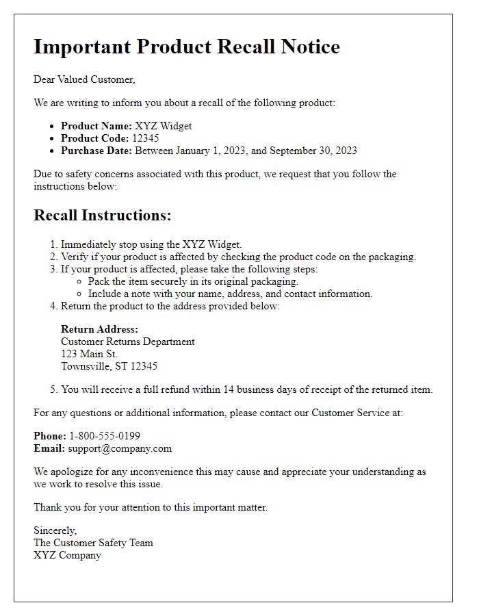 Letter template of detailed product recall instructions for affected customers.