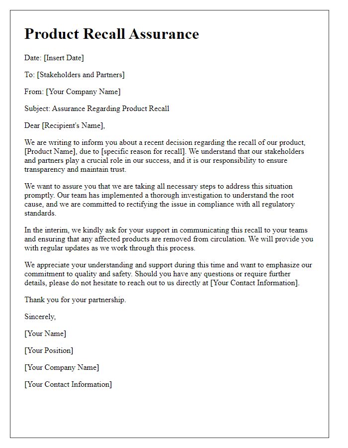 Letter template of product recall assurance to stakeholders and partners.