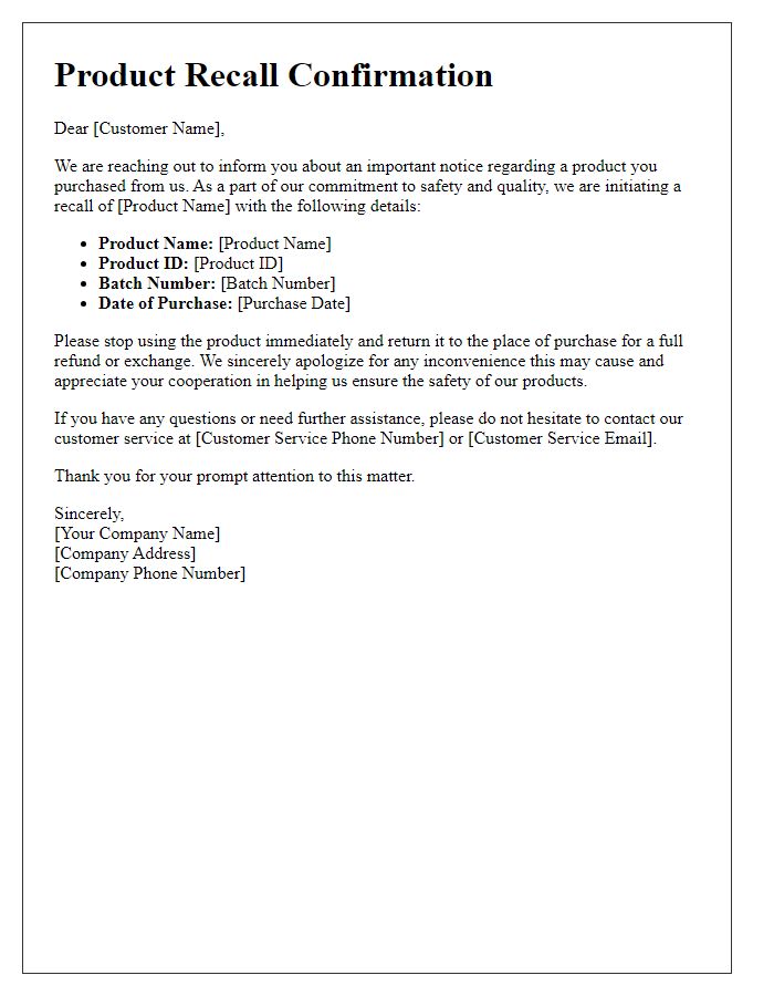 Letter template of product recall confirmation for registered customers.