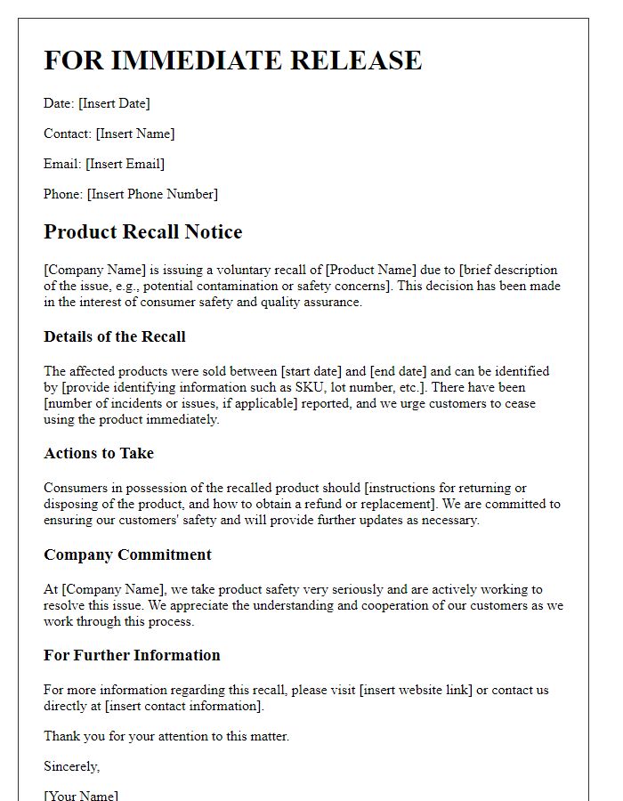 Letter template of product recall explanation for media outlets.