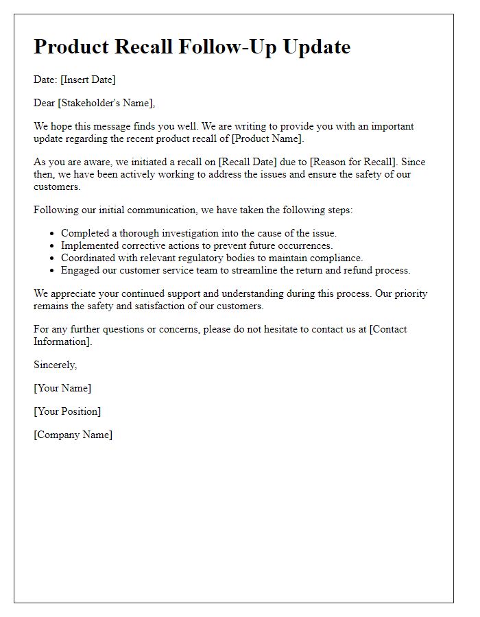 Letter template of product recall follow-up update for stakeholders.