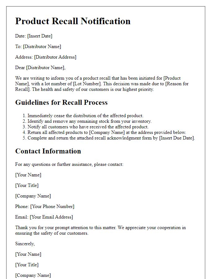 Letter template of product recall guidelines for distributors.