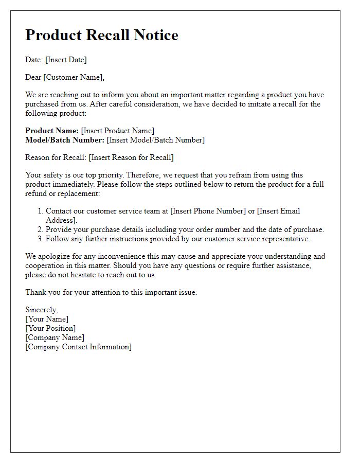 Letter template of product recall procedures for customer service representatives.