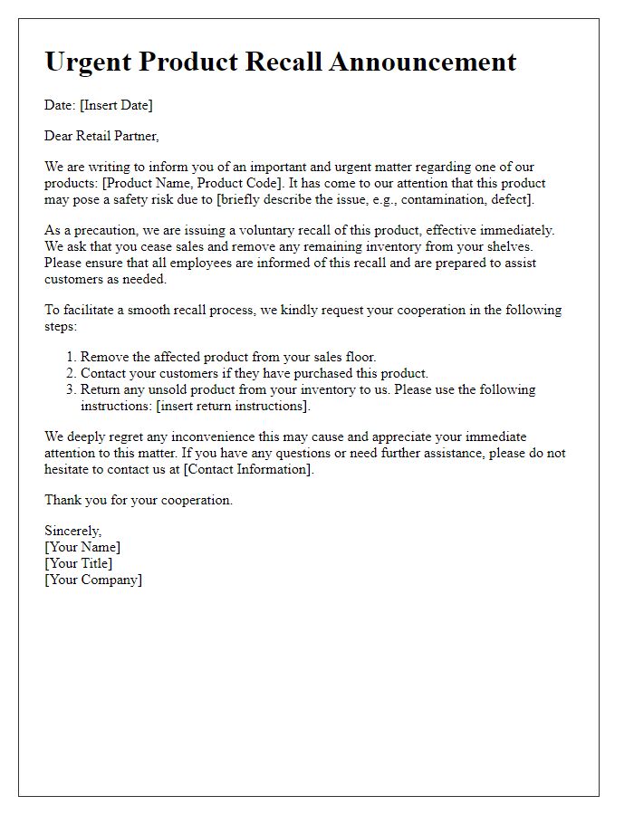 Letter template of urgent product recall announcement for retailers.