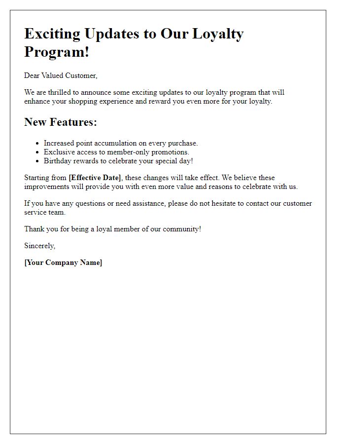 Letter template of announcement for loyalty program updates.