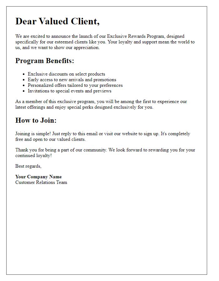 Letter template of exclusive rewards program for valued clients.