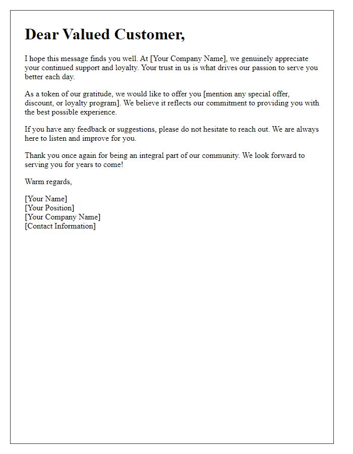 Letter template of personal message to dedicated customers.