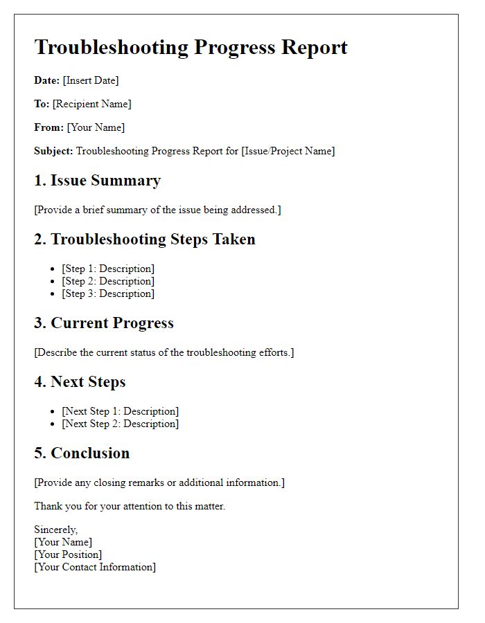 Letter template of troubleshooting progress report