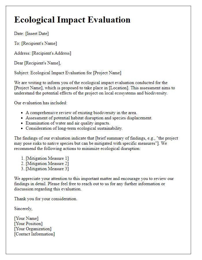 Letter template of ecological impact evaluation