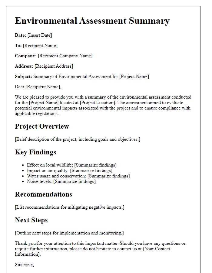 Letter template of environmental assessment summary