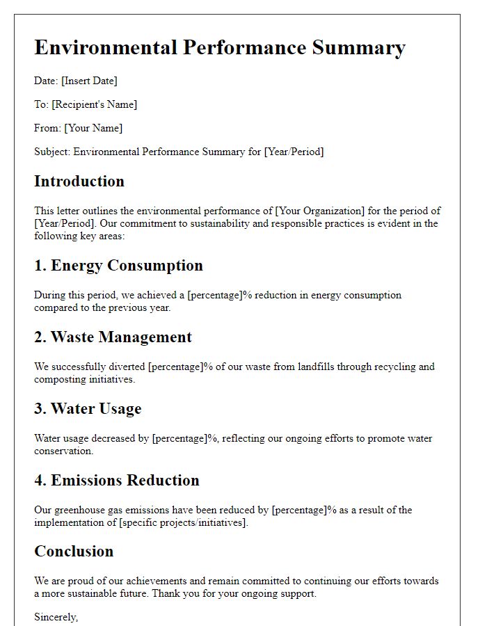 Letter template of environmental performance summary