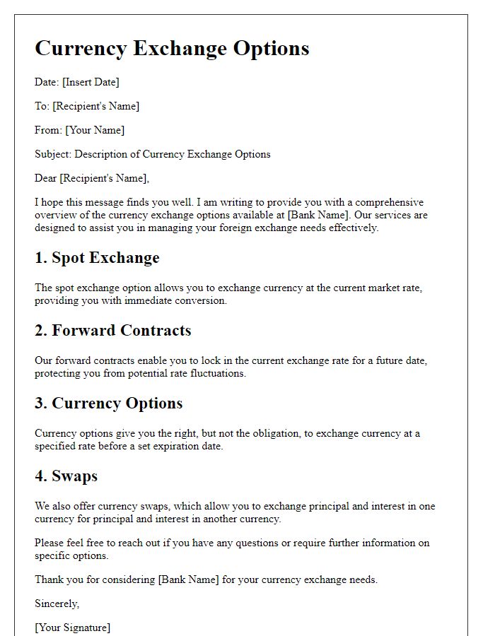 Letter template of description for currency exchange options in banking