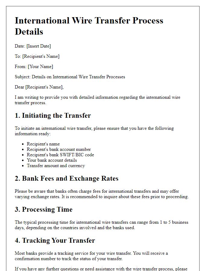 Letter template of details on international wire transfer processes