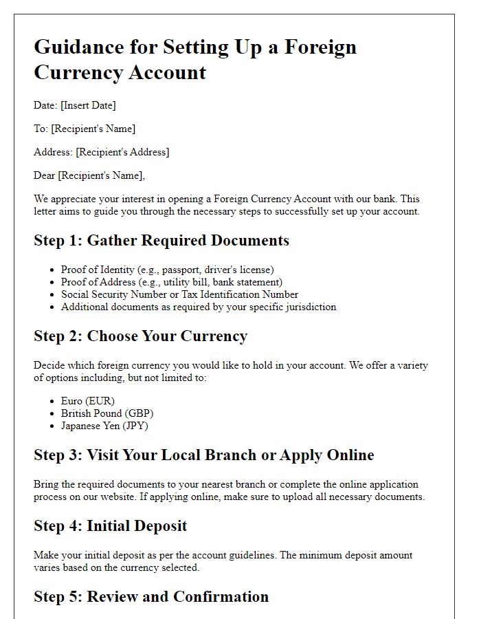 Letter template of guidance for setting up a foreign currency account