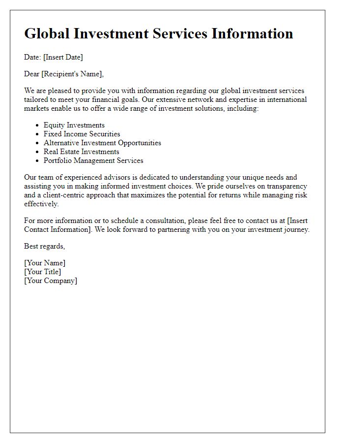 Letter template of information on global investment services