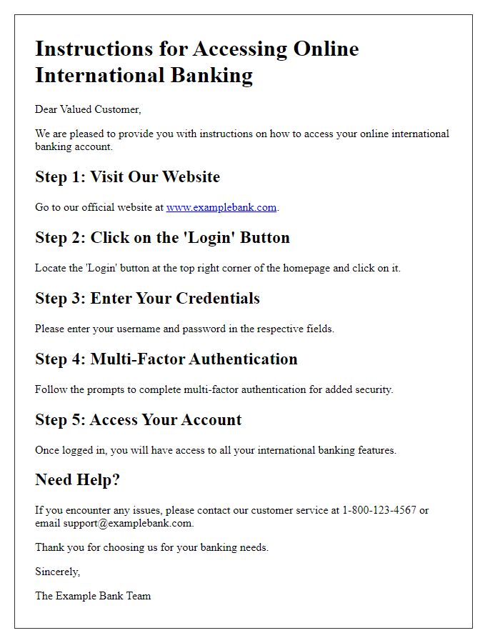 Letter template of instructions for accessing online international banking