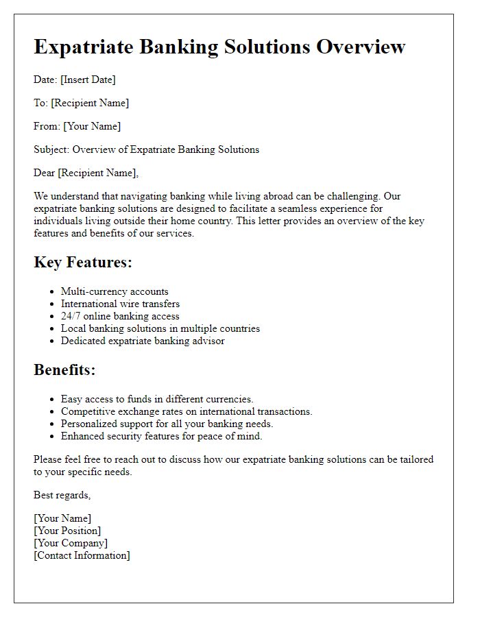 Letter template of overview for expatriate banking solutions